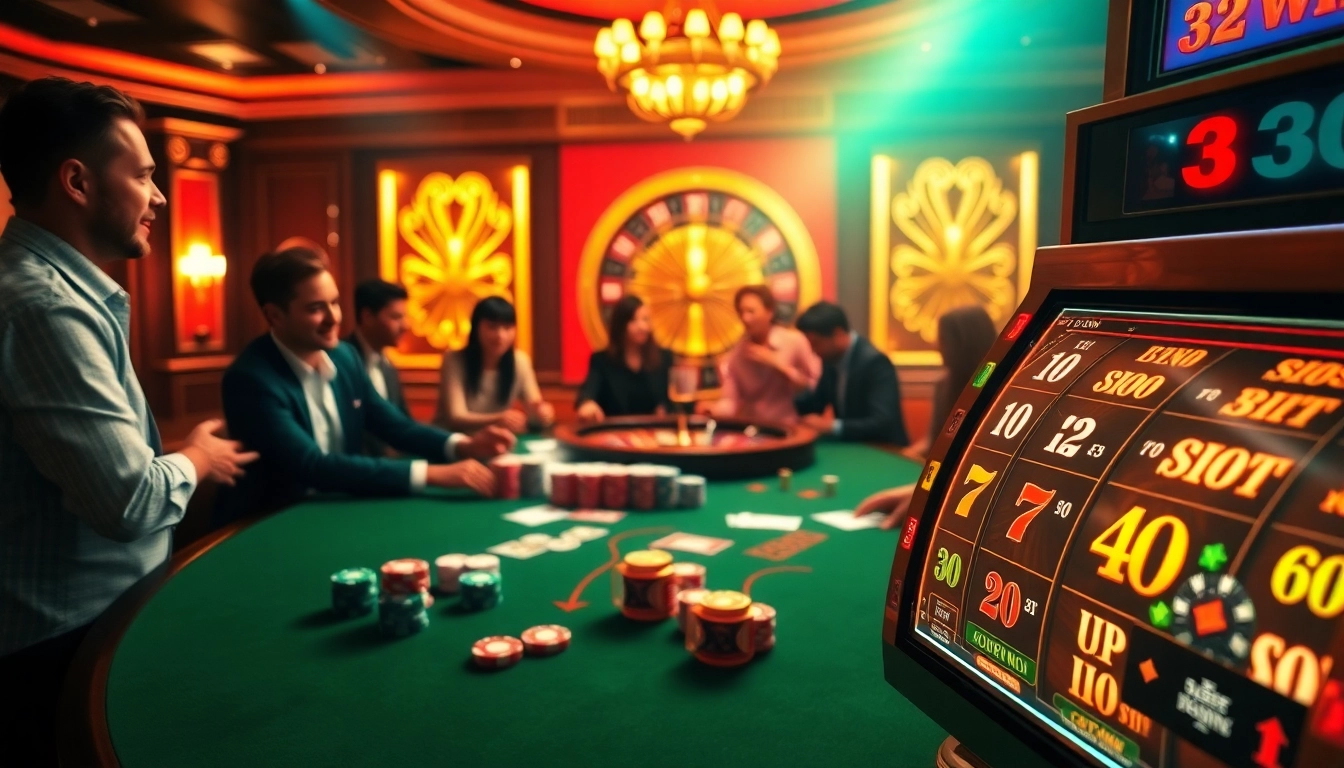 Players enjoying poker at 32win casino, surrounded by vibrant chips and a roulette wheel.