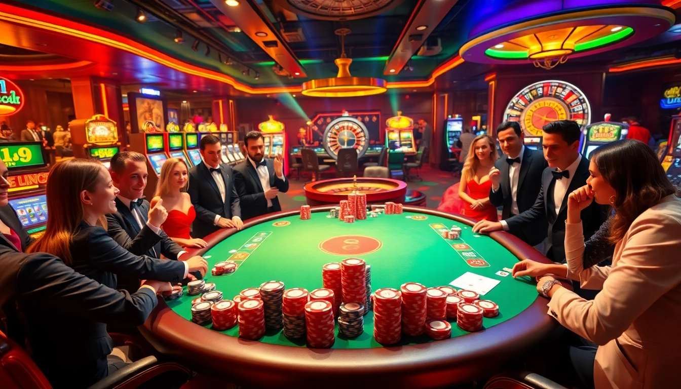Players enjoying a thrilling game at Luck8's vibrant casino table with poker chips and cards.
