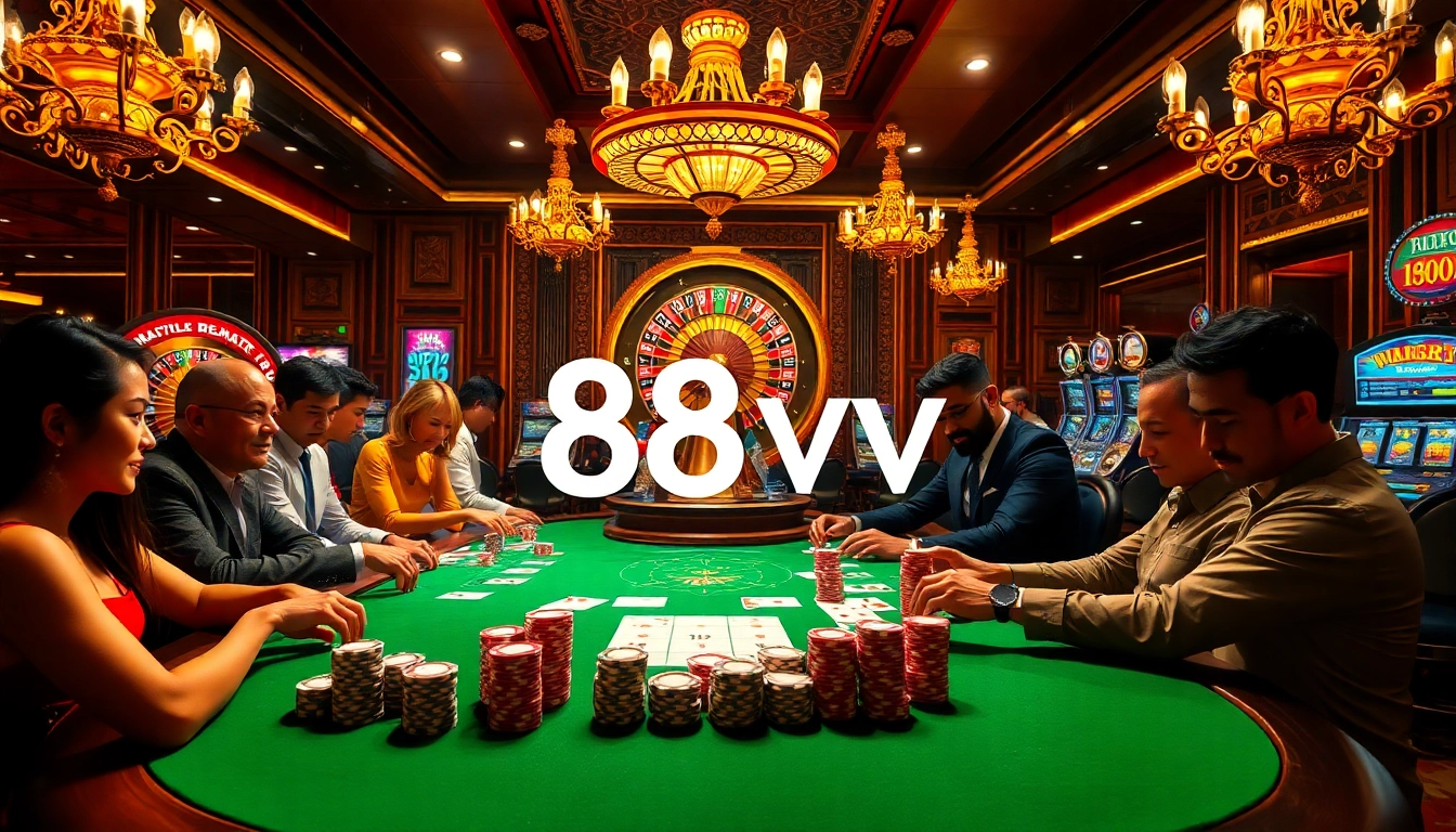 Intense poker action at a luxurious casino table featuring 88vv branding.
