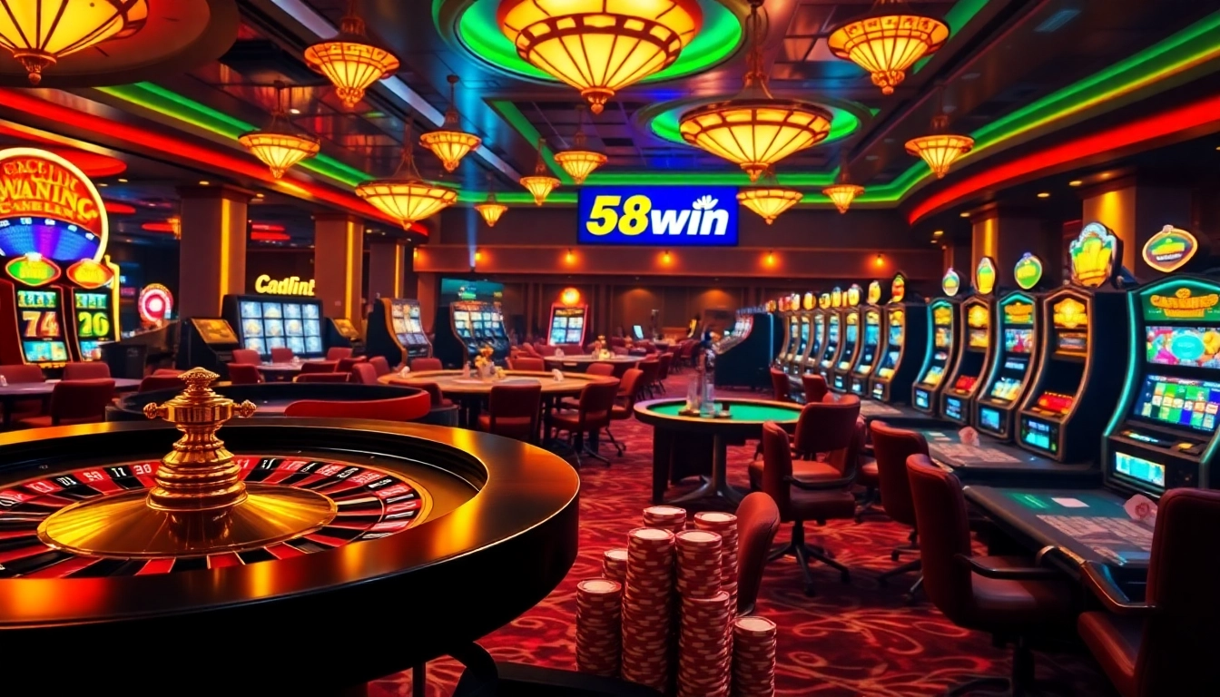 Engaging gambling scene showcasing 58win's vibrant casino atmosphere with poker tables, roulette wheels, and colorful slot machines.