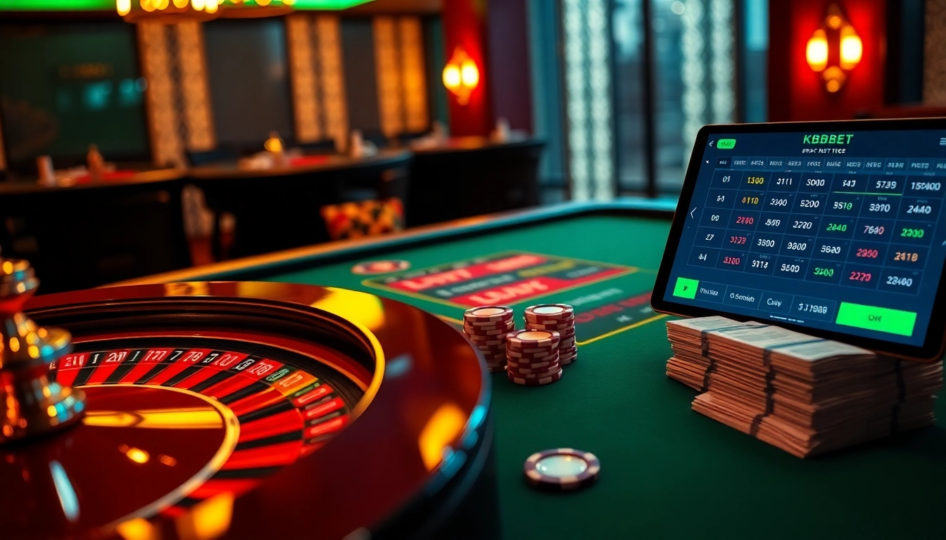KBBET sports betting with vibrant casino tables and high-stakes poker action.