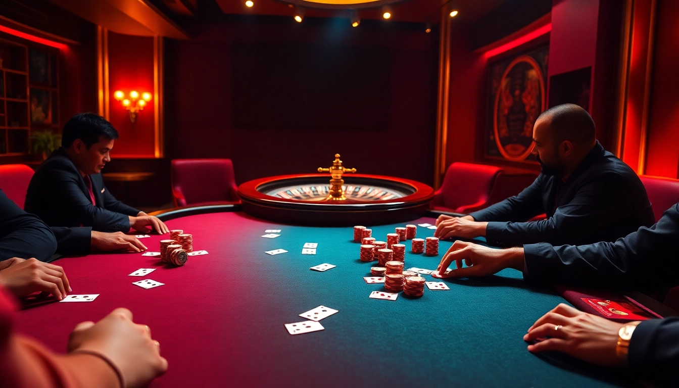 Experience thrilling gameplay at a tg88 casino table with vibrant poker chips and intense players.