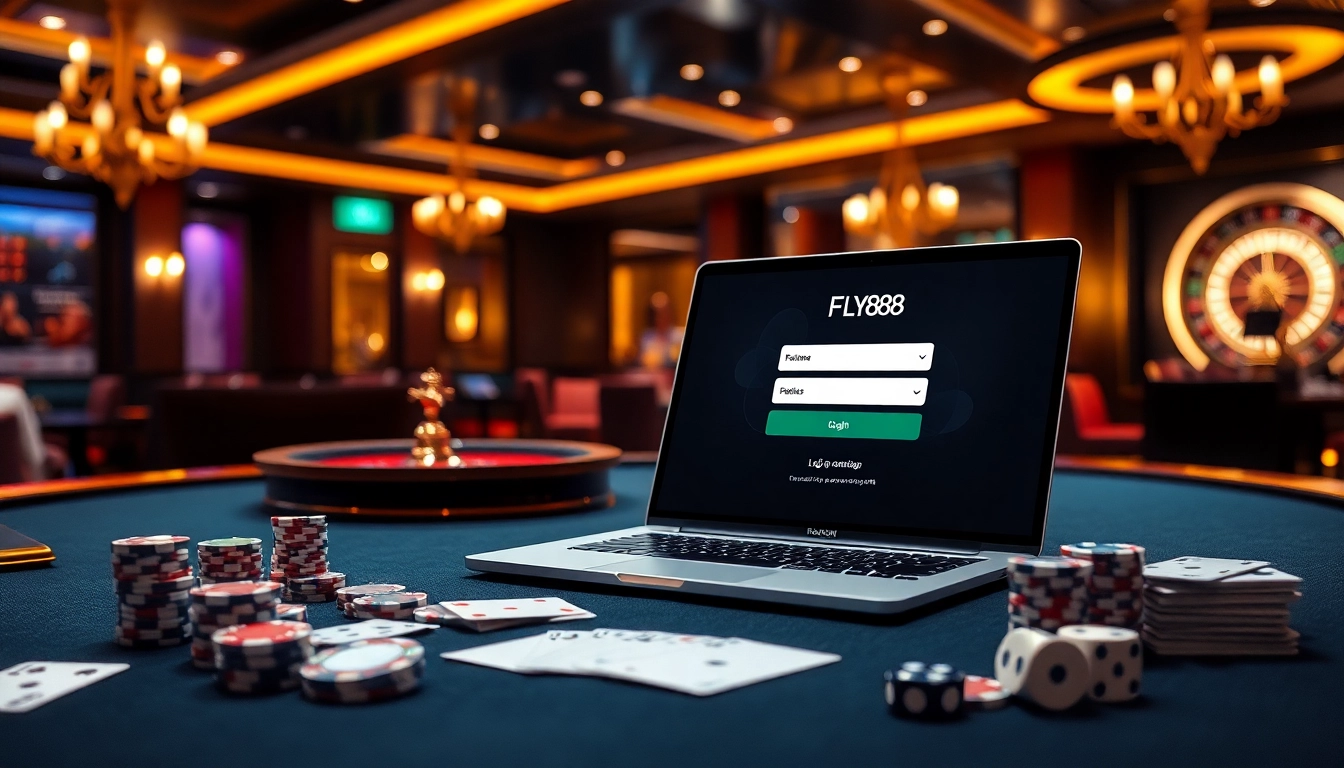 FLY88 Đăng nhập with an elegant casino table, poker chips, and a modern gaming interface.