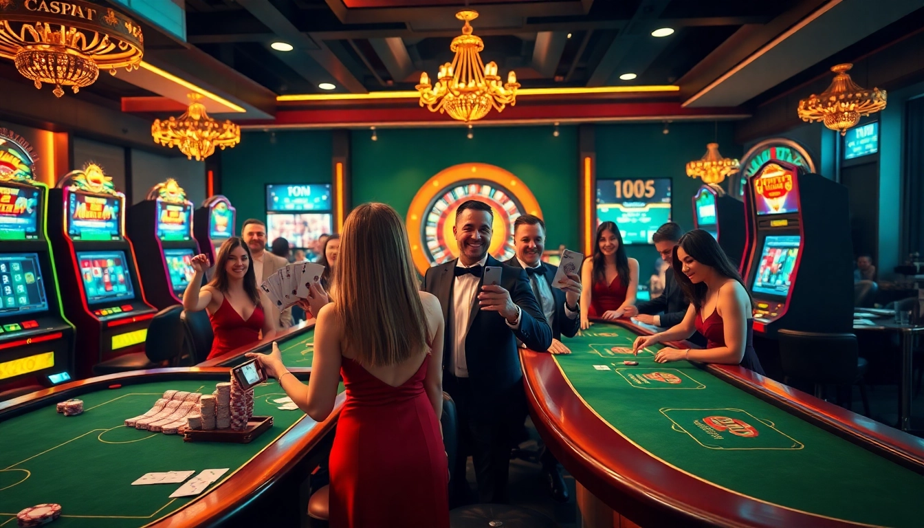 Engaging scene at https://sunwinn.in.net/ casino with players enjoying poker, chips displayed, and vibrant slot machines.