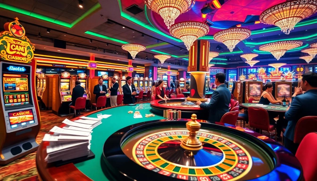 Experience the thrill of winning at luckywin casino, featuring vibrant slot machines and roulette tables.