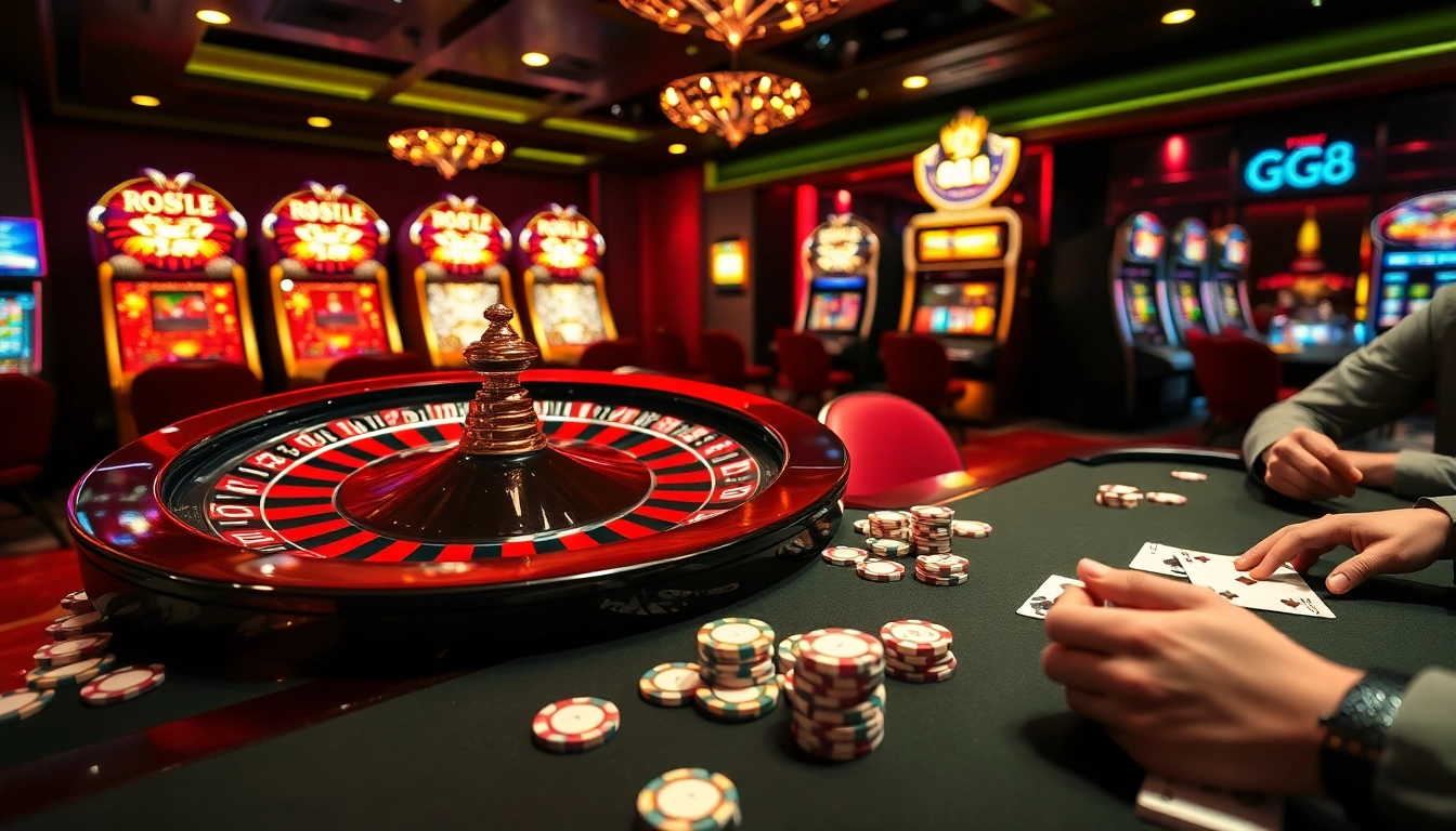 Players enjoy the excitement of GG 88 at an elegant casino table with vibrant cards and chips.