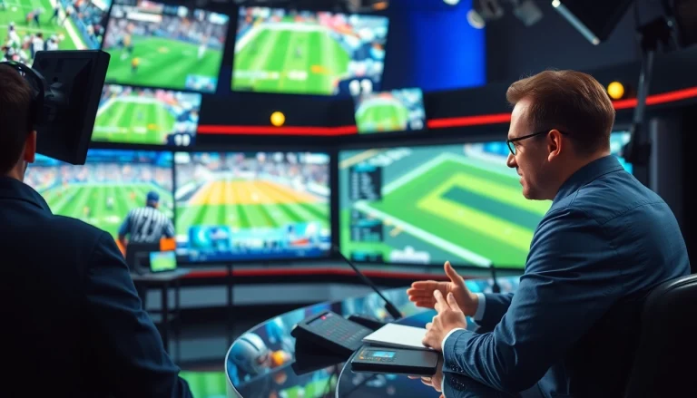 Dynamic sports broadcasting studio with a passionate host analyzing game highlights.