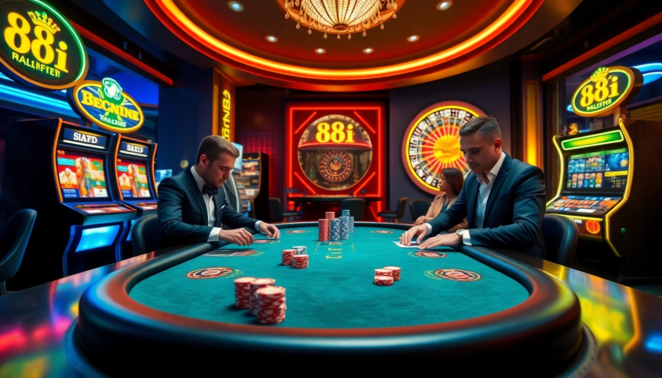 Players engaging in high-stakes poker at an upscale casino featuring 88i-themed gaming elements.