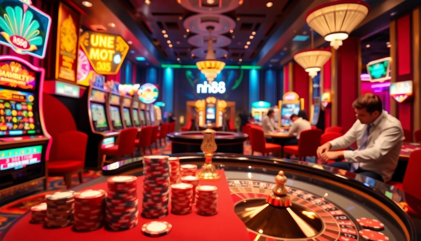 Experience the thrill at nh88 with players enjoying roulette and poker in a luxurious casino environment.