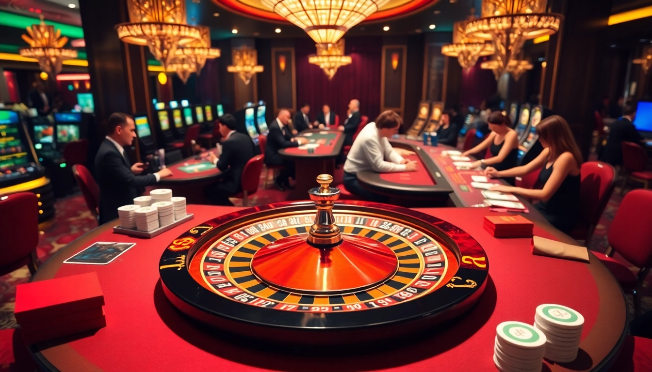 Engage with mb 88 while playing at a luxurious casino featuring roulette and vibrant gaming tables.
