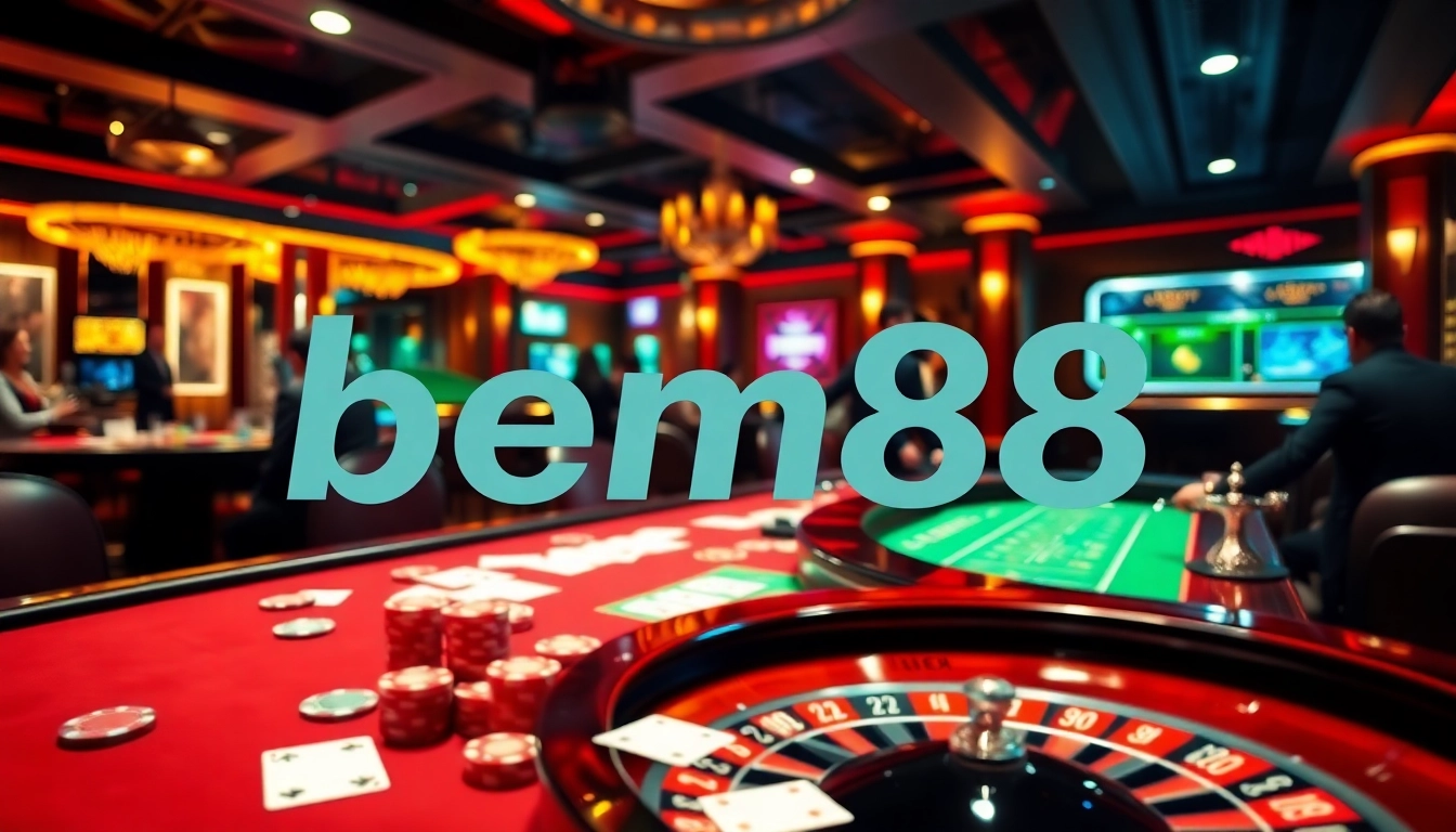 Players enjoying games at a bem88-themed luxury casino table with vibrant lights.
