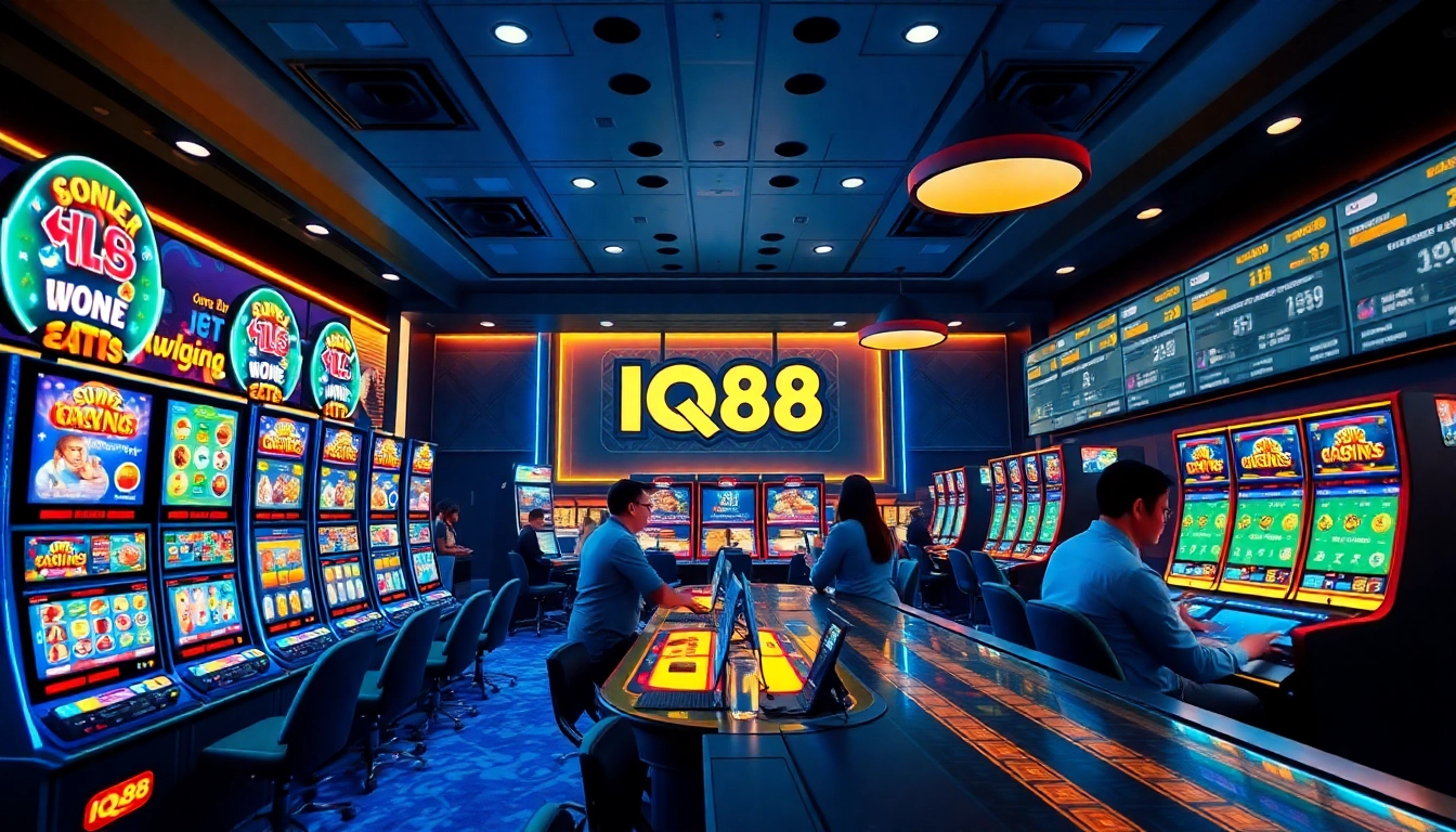 Exciting gaming scene at IQ88 online casino with vibrant slot machines and live dealers.