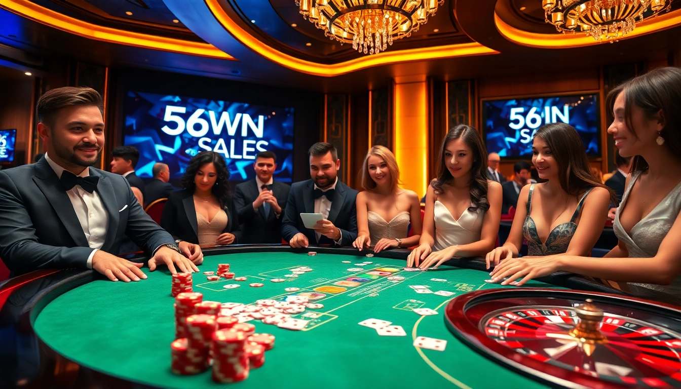 Experience the thrill of winning at 56WIN.SALE with poker chips and a vibrant casino atmosphere.