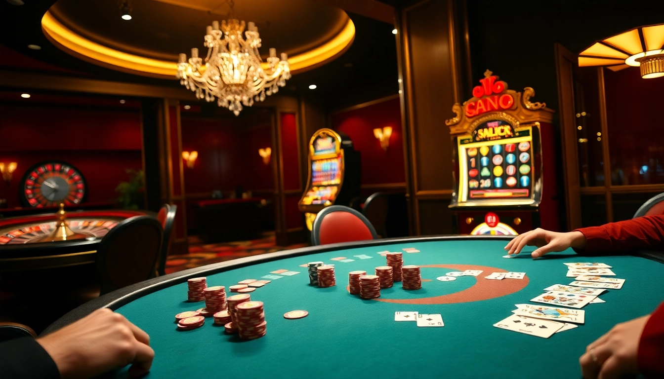Players enjoy high-stakes gambling at a luxurious s8-themed poker table in a vibrant casino setting.