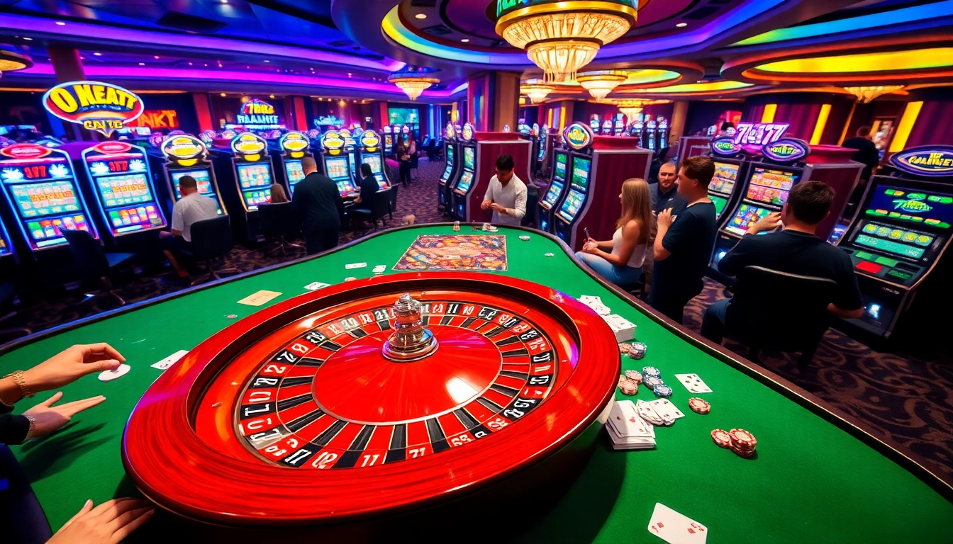 7C77 players engaging in a lively casino atmosphere with poker chips and roulette wheel.