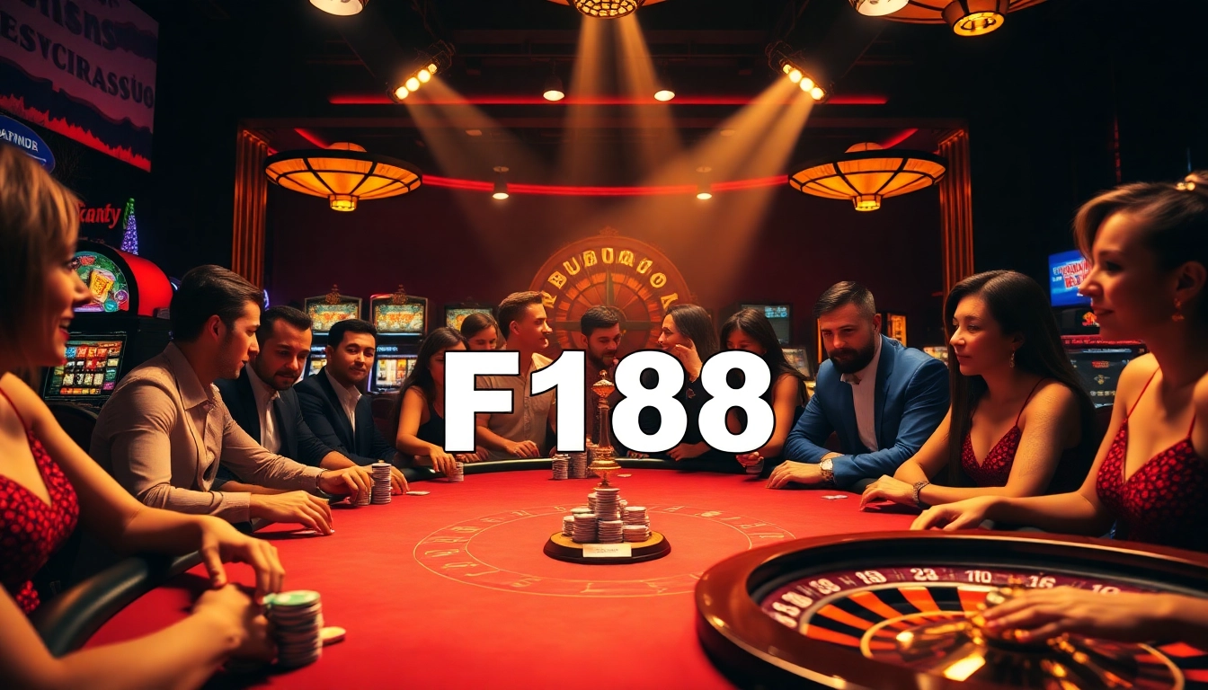 Players at a poker table experience the thrill of F168 gambling amidst vibrant casino decor.