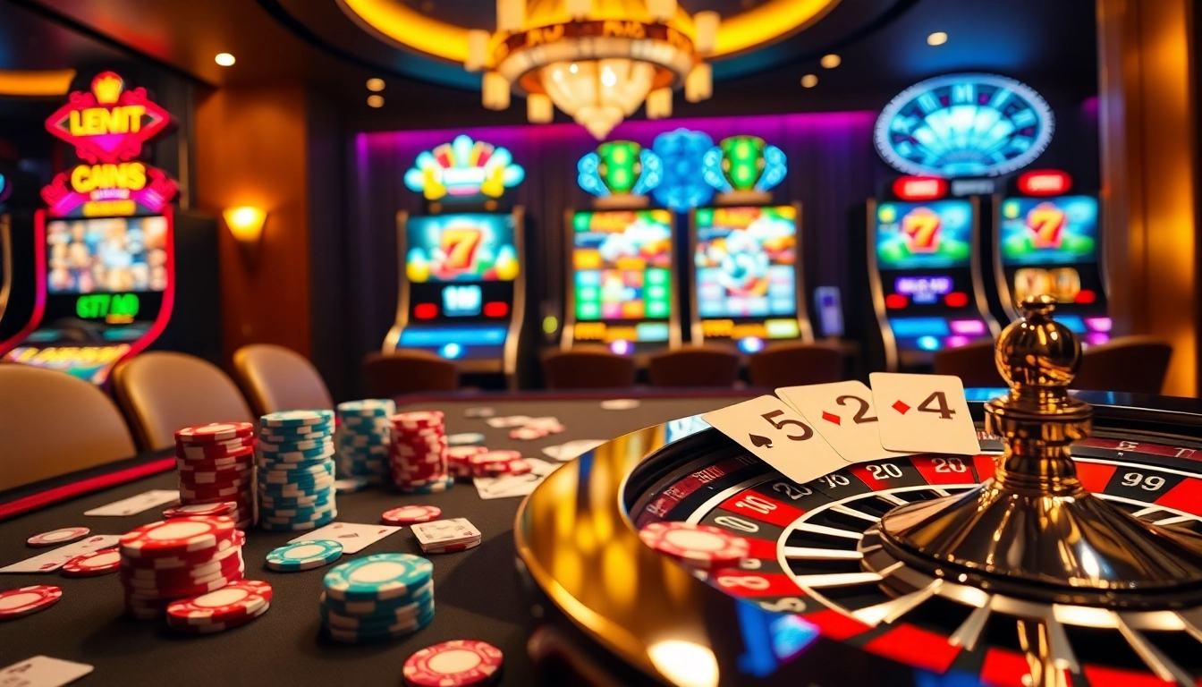 Players enjoying thrilling games at https://hit-club.games/ casino with vibrant poker chips and roulette wheel.