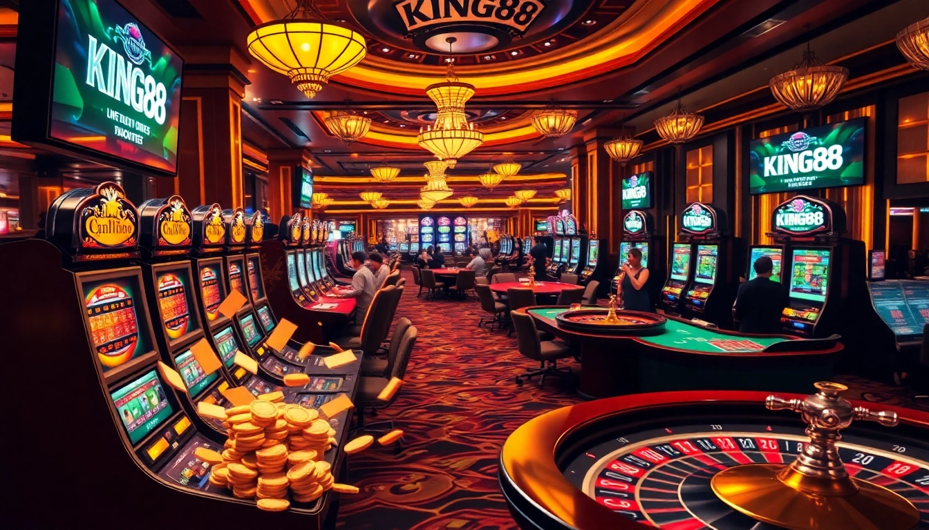 Gamblers enjoying the excitement of KING88 at a vibrant casino with slot machines and poker tables.