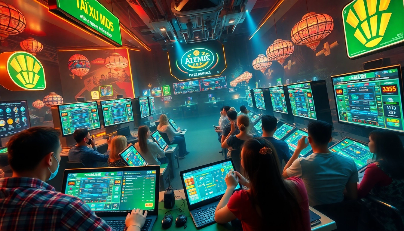 Experience the excitement of Tài Xỉu MD5 gameplay at https://taixiumd5.world, showcasing players immersed in a thrilling online betting atmosphere.