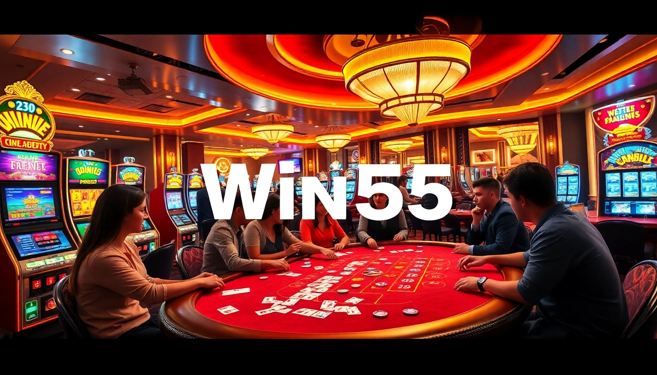 Win55 players enjoying a vibrant casino atmosphere, engaging in poker and spinning roulette.