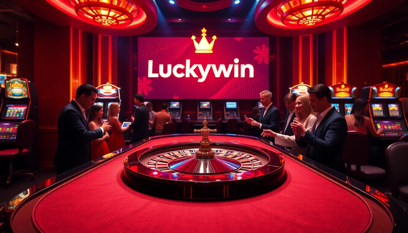 Players enjoying games at the Luckywin casino, surrounded by vibrant slot machines and roulette tables.