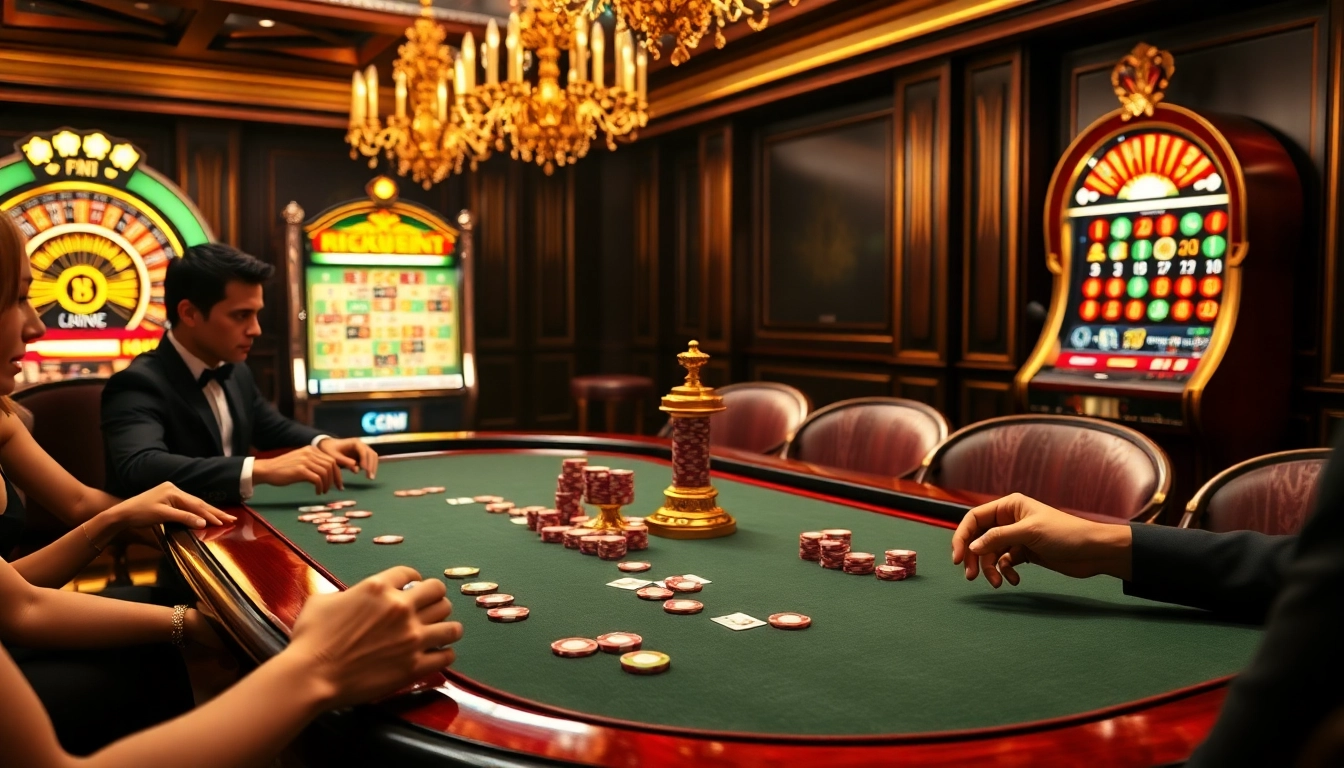 Experience the excitement of rikvip-style gambling at an opulent casino table with poker chips and cards.