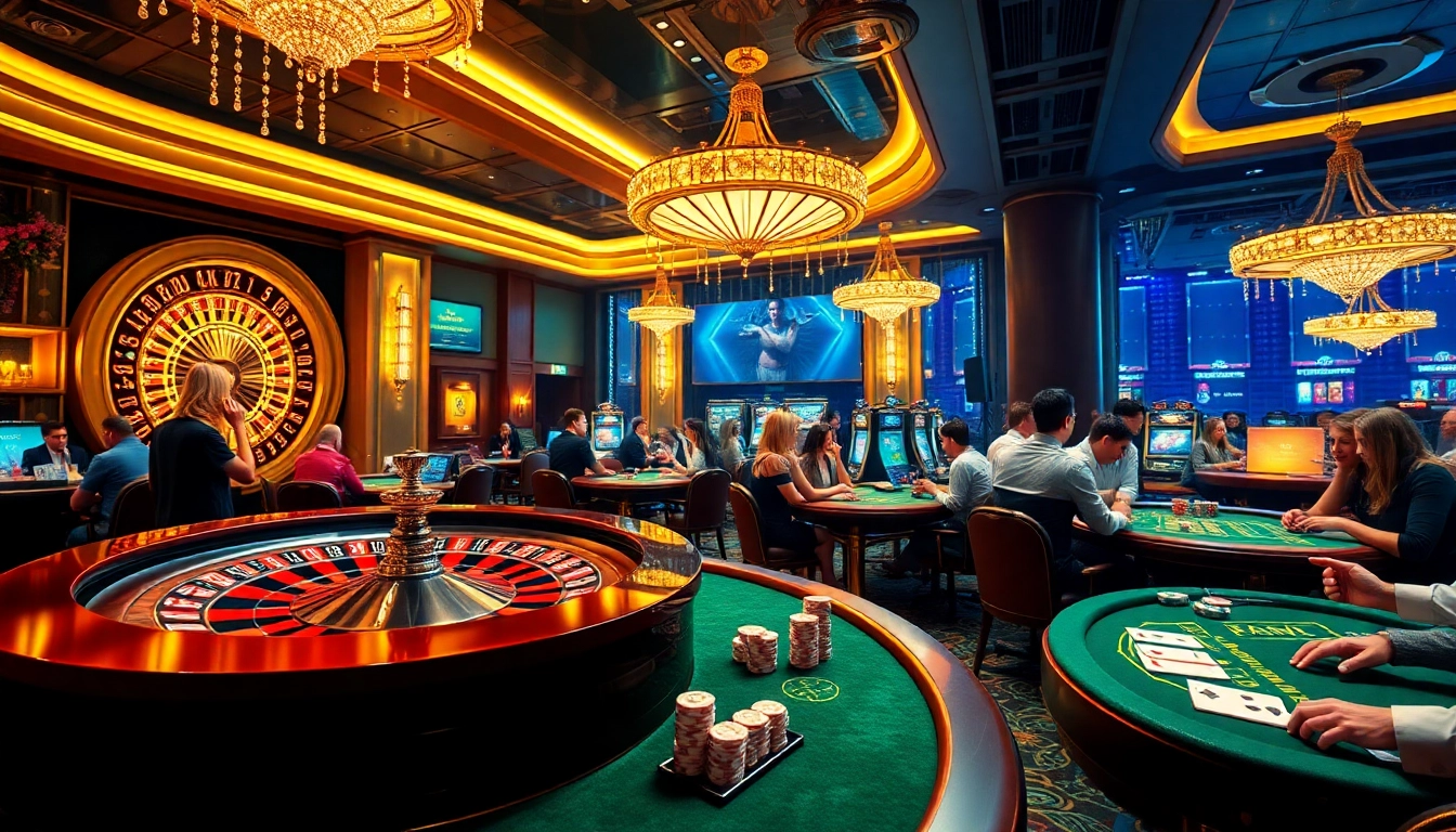 Engage in the thrilling atmosphere of Luckywin casino with vibrant tables and eager players.