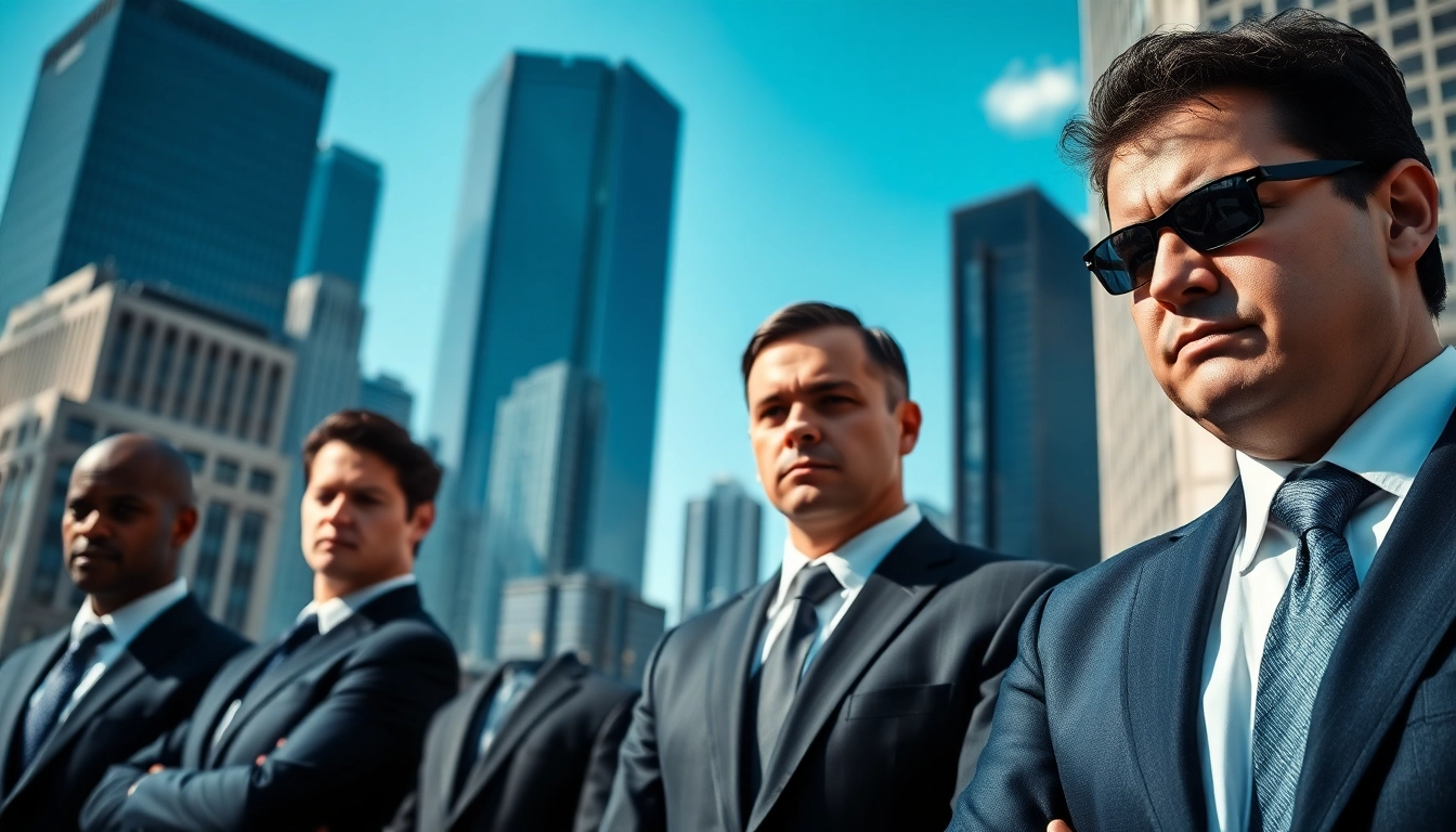 Bodyguard service team on high alert in an urban setting ensuring client safety.