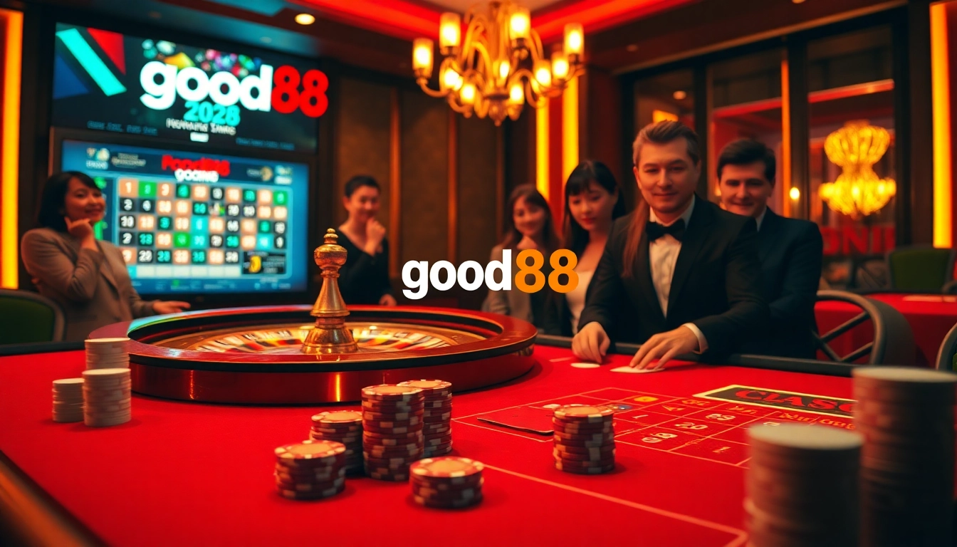 Engage in thrilling casino action with good88 by the poker table amidst vibrant lights and elegant decor.