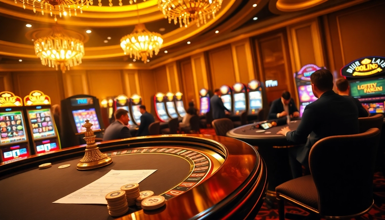 Experience high-stakes action at Luckywin's glamorous casino with roulette and vibrant slot machines.