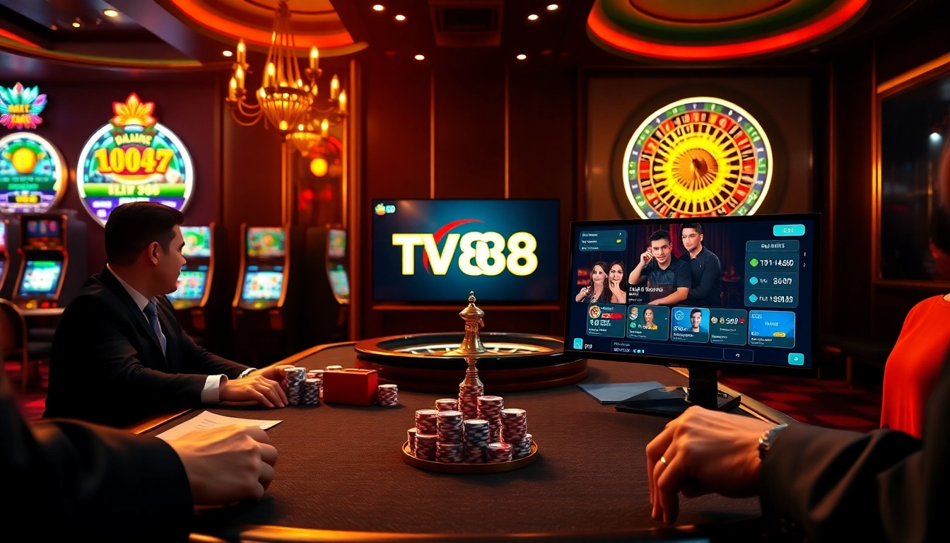 Experience high-stakes poker at TV88 casino, featuring vibrant chips and live betting options.