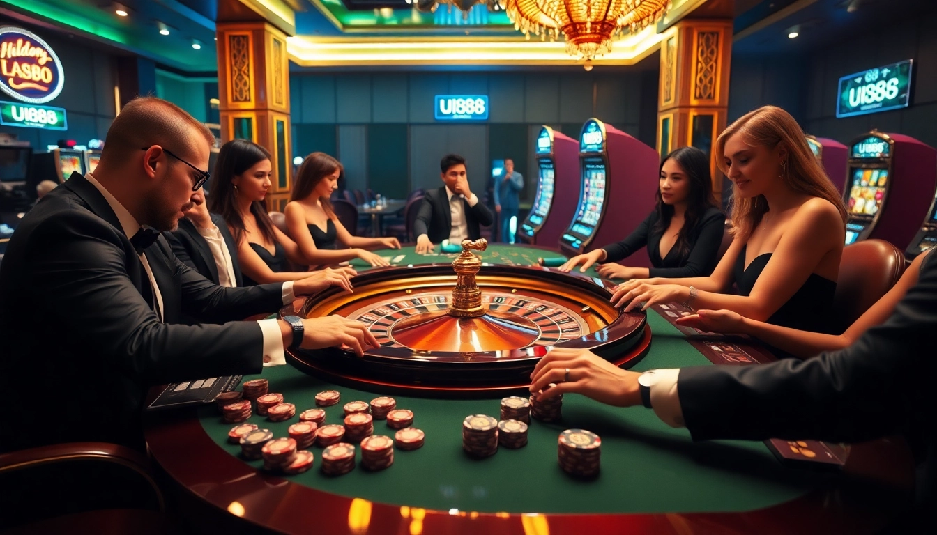 Players enjoying thrilling games at a glamorous casino featuring uu88. Vibrant roulette and poker action.