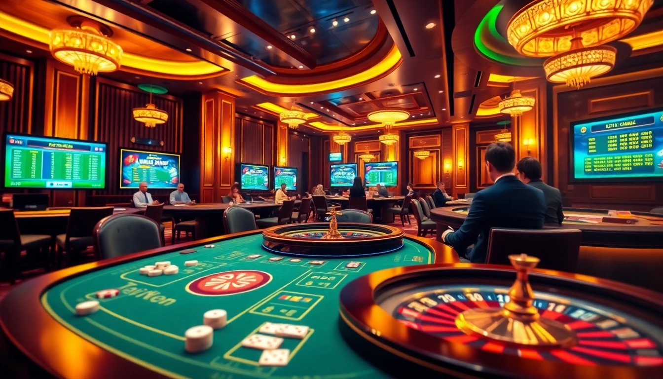 Engaging players enjoying Tài Xỉu MD5 at a professional casino table, showcasing vibrant gaming action.