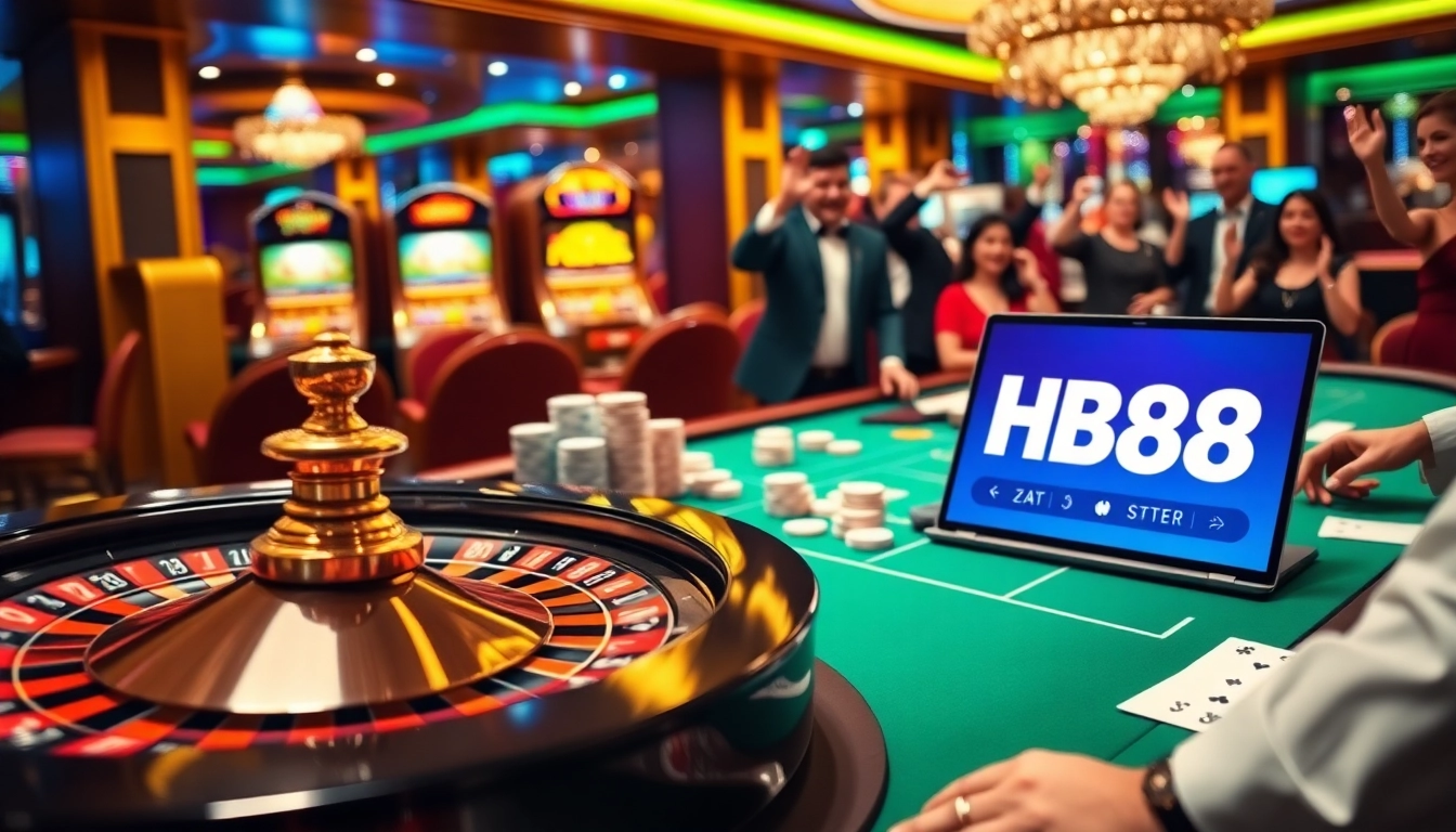 Winning excitement at the HB88 casino table with poker chips and a spinning roulette wheel.
