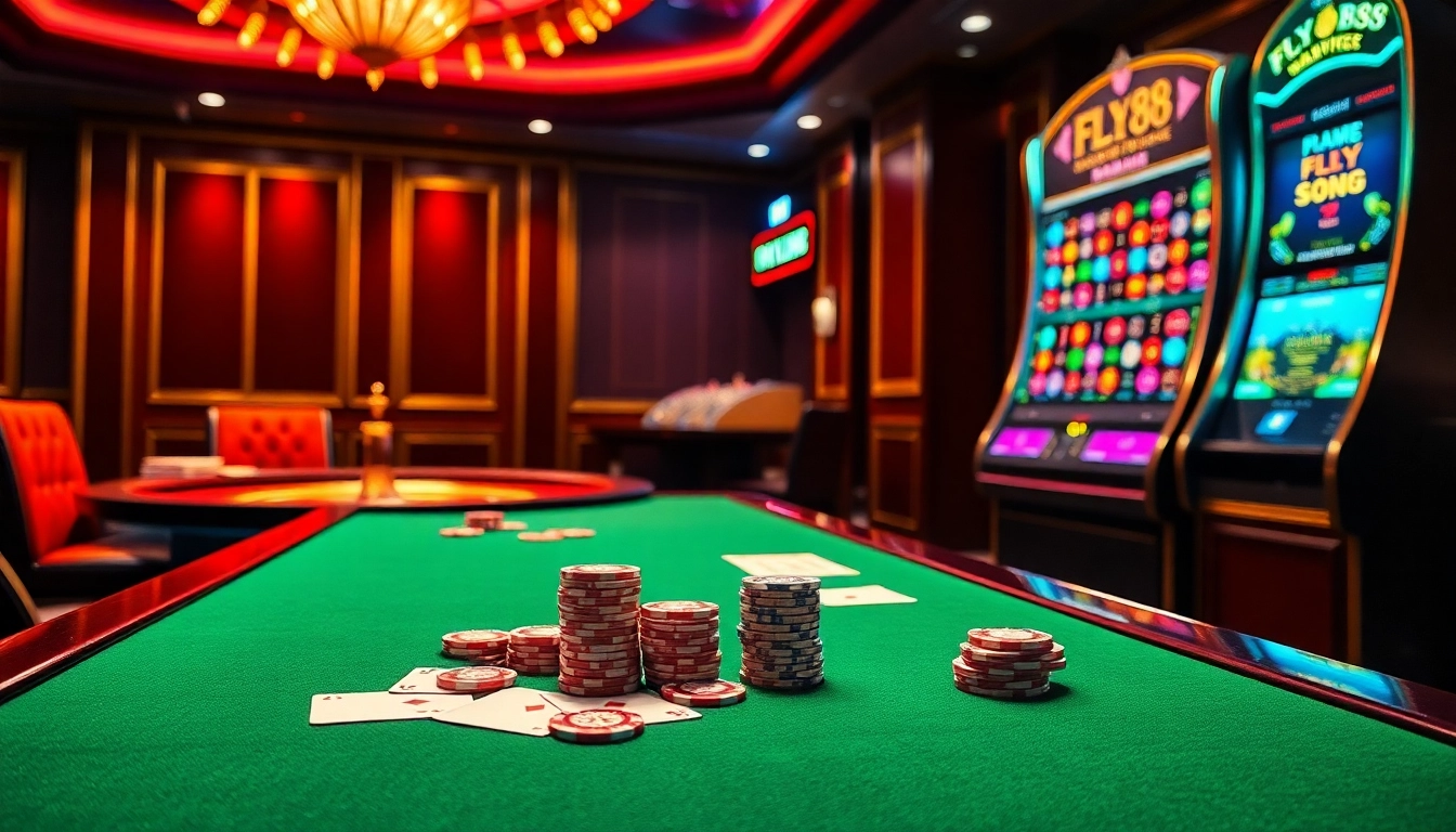 Play FLY88 at a luxury casino table surrounded by poker chips and a roulette wheel.