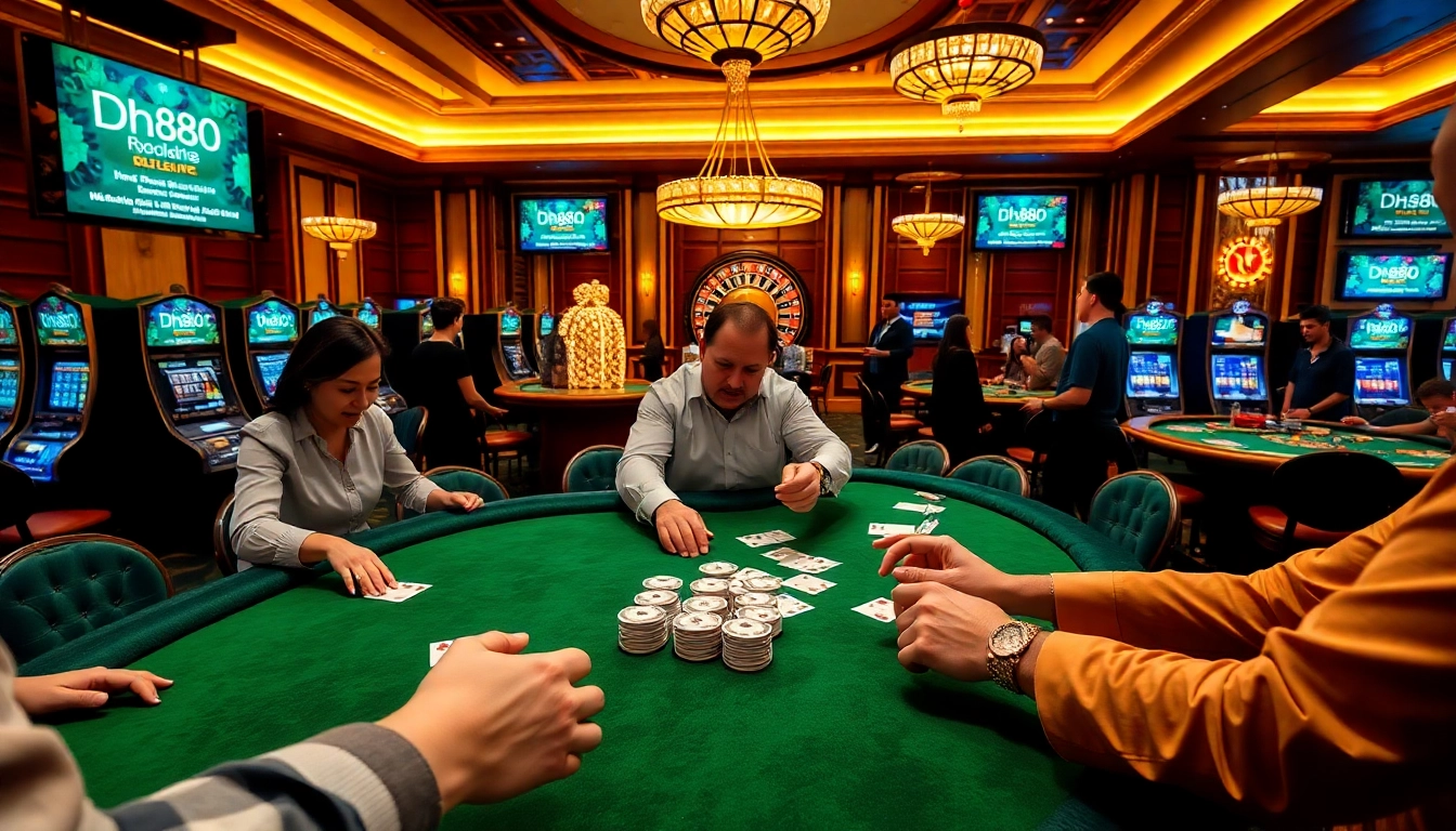 Engage in thrilling gameplay at dh88 com with a vibrant casino table scene and exciting players.
