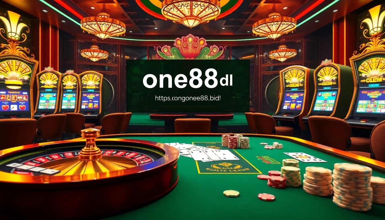 Engage in thrilling gaming action at https://one88.bid/ with a luxurious casino table, poker chips, and glowing slot machines.