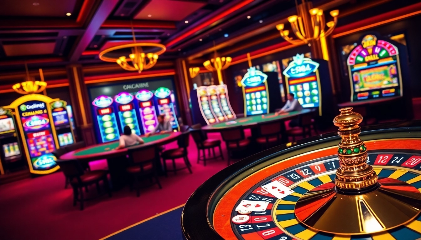 Fb88 casino showcasing an exciting blackjack game with vibrant slot machines and roulette.