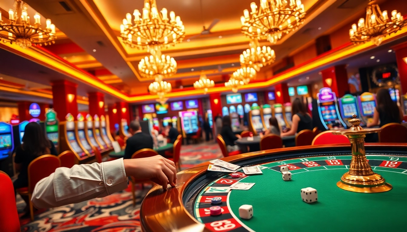 A player engaging with slot machines and poker tables in a luxurious thabet77 casino environment.