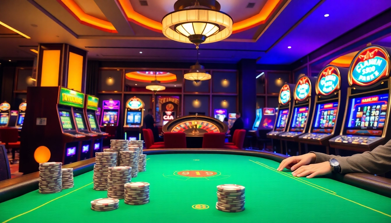 Exciting casino gaming scene with players around a table, linking to https://fc88.football/ for thrilling experience.