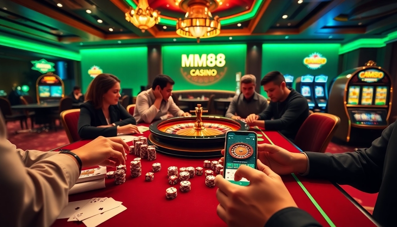 MM88 casino scene showcasing players engaging with tables and slot machines in a vibrant atmosphere.