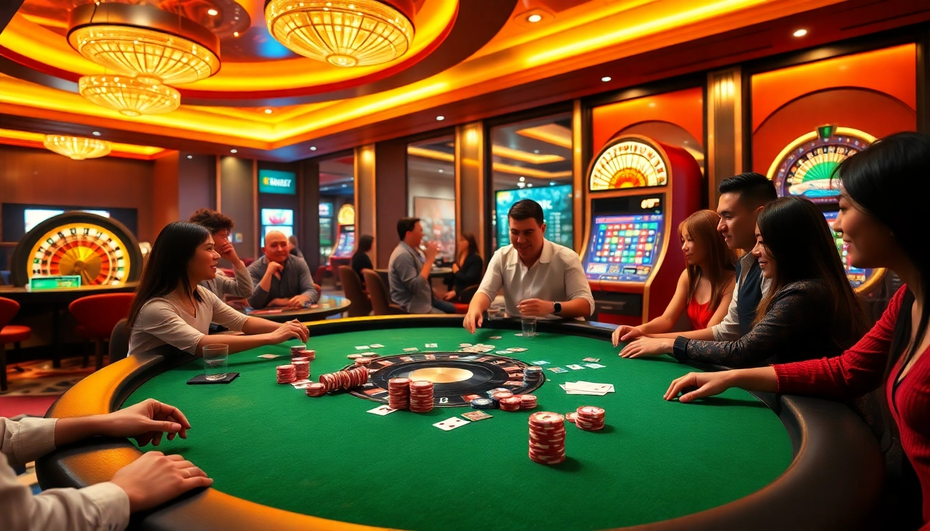 KUBET77 players enjoying an immersive online casino experience with poker, roulette, and slot games.