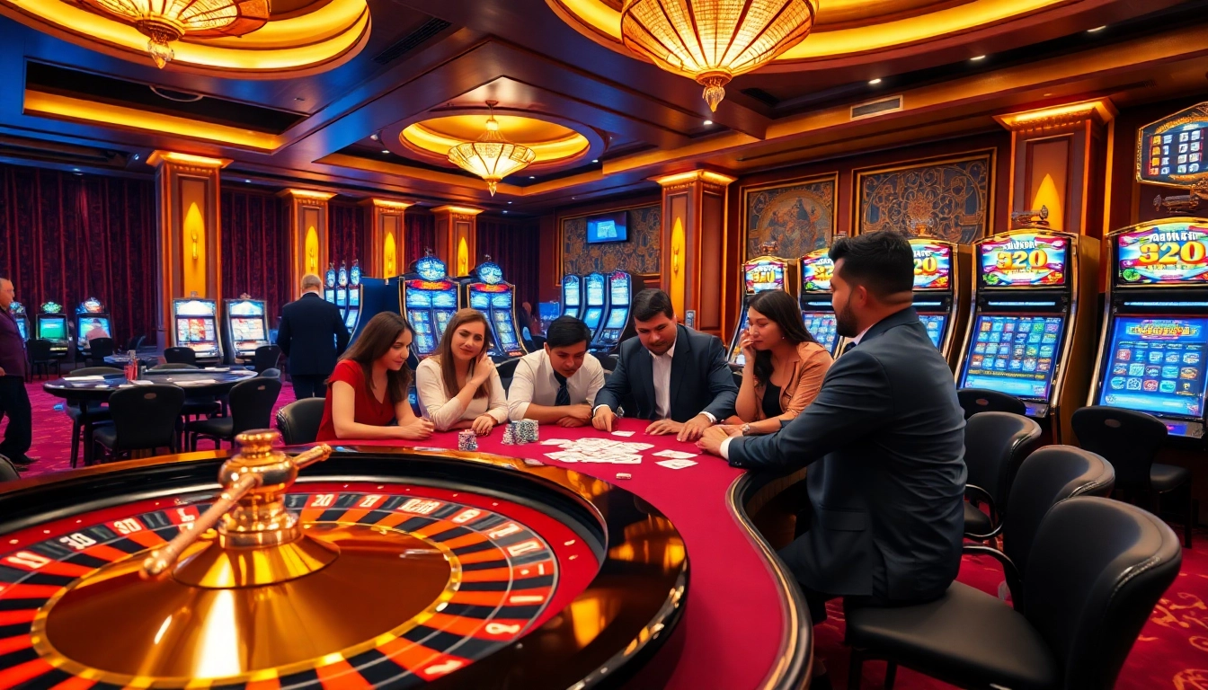 Experience the thrill of casino gaming at https://www.bdjl.win/ with players engaging at a poker table and roulette wheel.