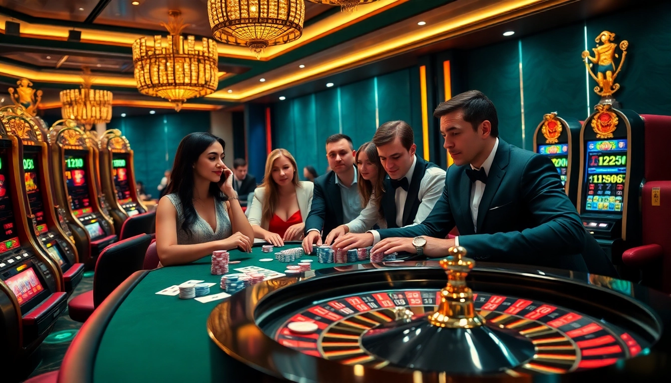 Players enjoying thrilling casino games at https://thabetp3.com/, featuring poker chips and roulette.