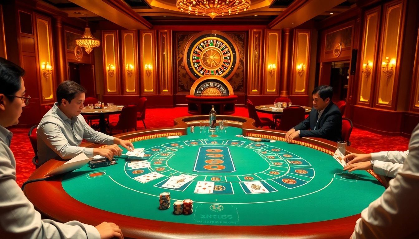 Engaging players at nhà cái KK55 enjoy high-stakes baccarat in a luxurious casino setting.