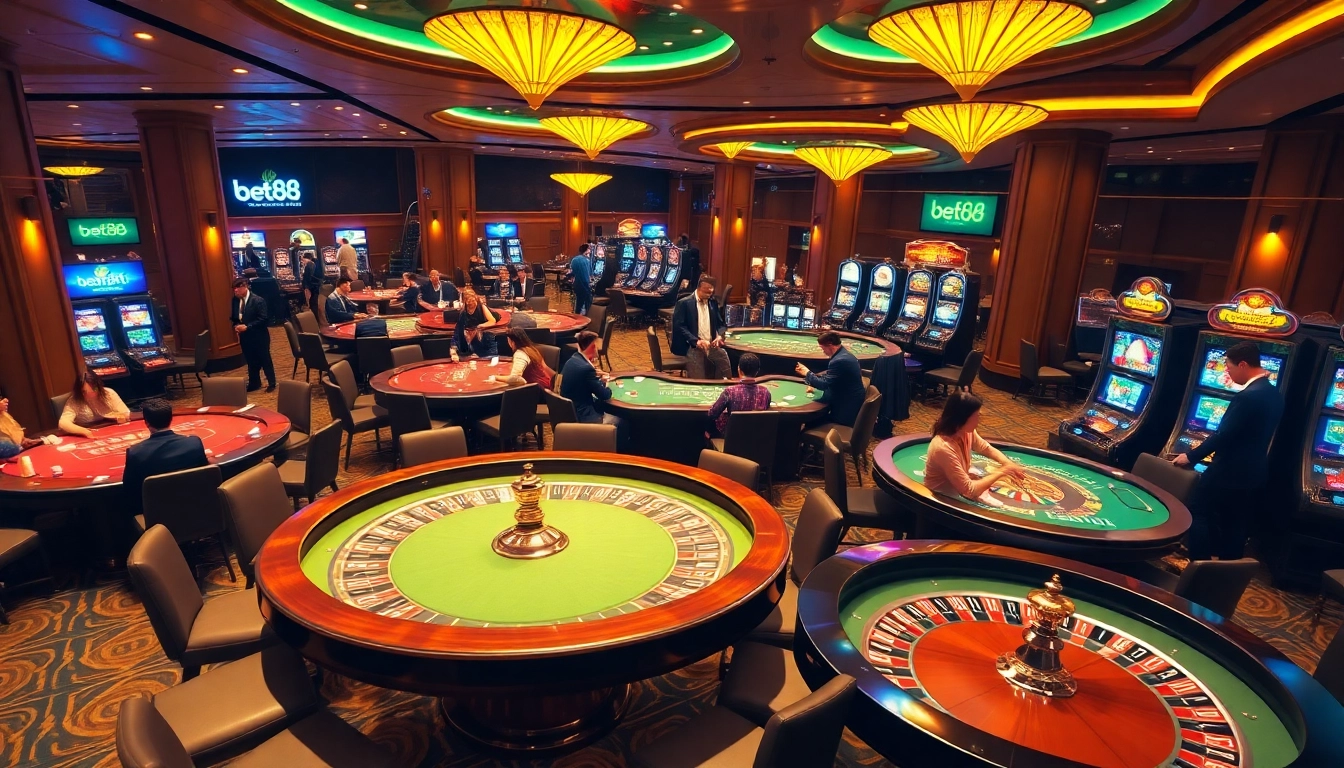 Bet88 players enjoying vibrant casino games with engaging tables and luxury slot machines.