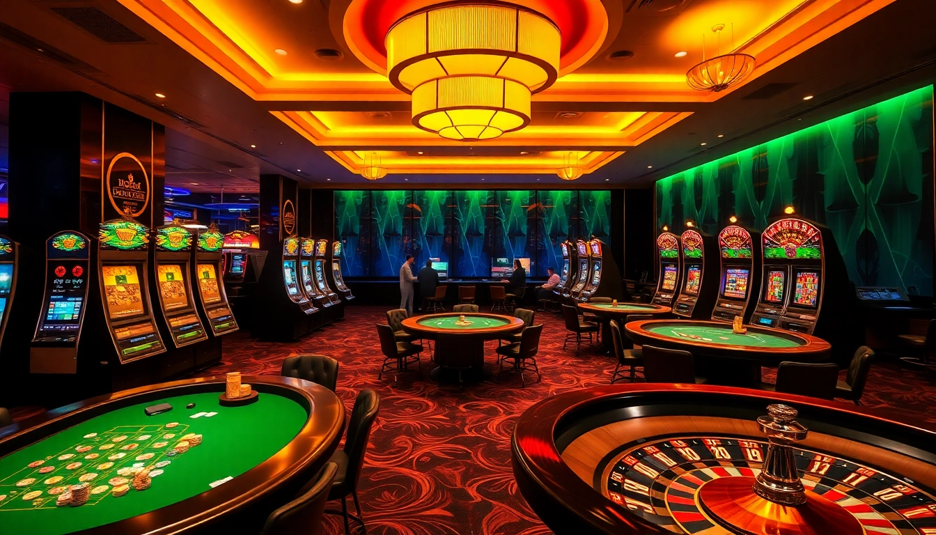 King88 casino scene with players at poker tables and vibrant slot machines showcasing excitement.