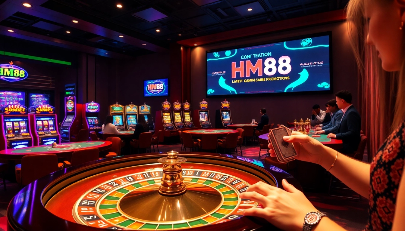 Experience the excitement of gambling with HM88 at a luxury casino filled with vibrant slot machines and thrilling roulette games.