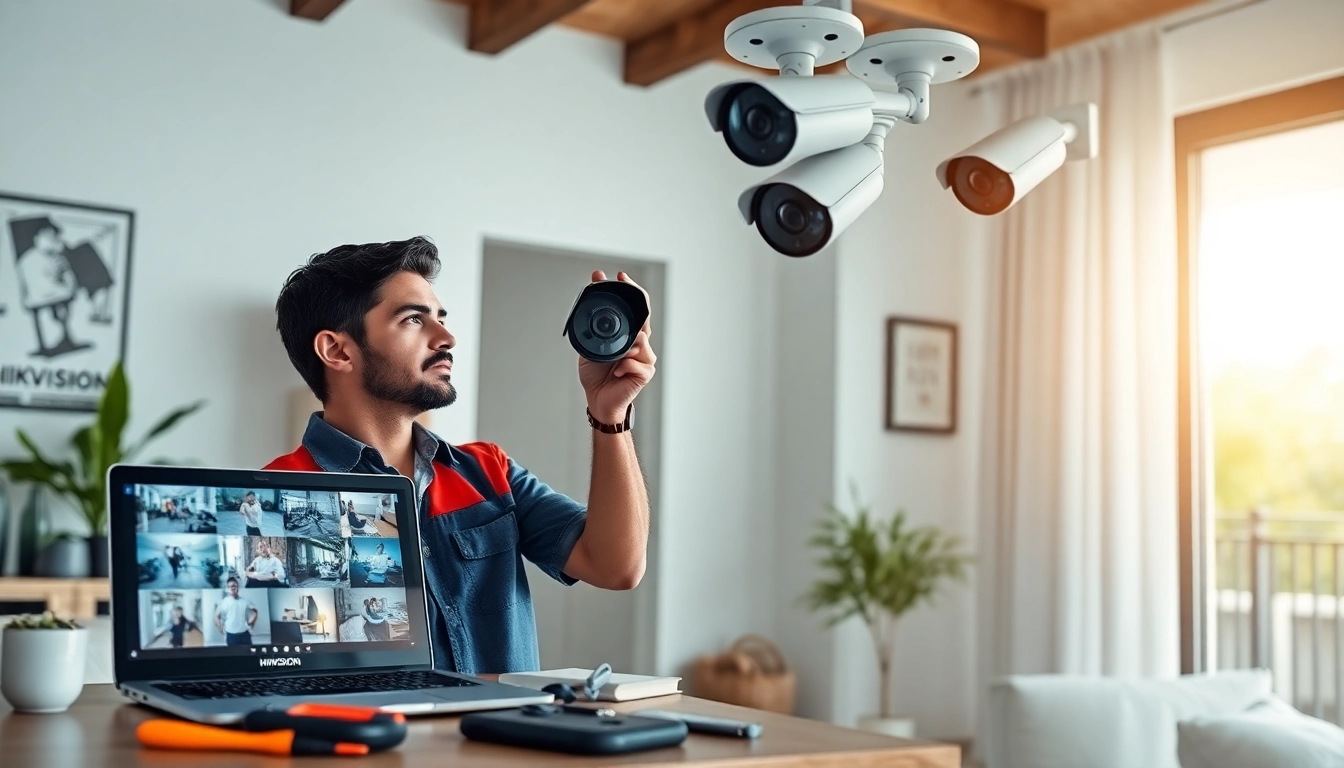 Técnico experto brindando soporte técnico en cámaras de seguridad en un entorno de instalación doméstica acogedor.