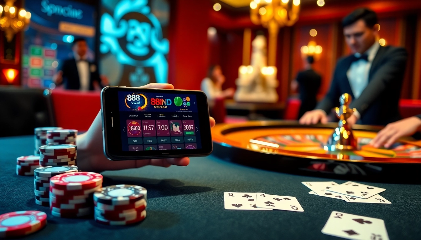 Experience the engaging 888vnd app through a luxurious casino setup with vibrant gaming elements.